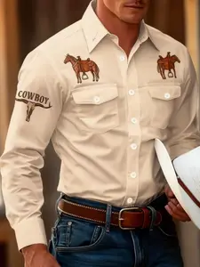 Men's Autumn Casual Long Sleeve Shirt, Western Cowboy Print Design, Fitted Fashion Top, All Seasons Wear, Stylish Men's Clothing