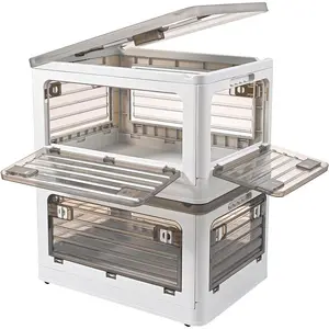 32Qt Plastic Storage Bins with Lid, Collapsible Storage Bins with Wheels, Storage Boxes with 4 Doors, Stackable Storage Bins for Organizing Clothes, Snacks and Camping, 2-Pack (Grey)