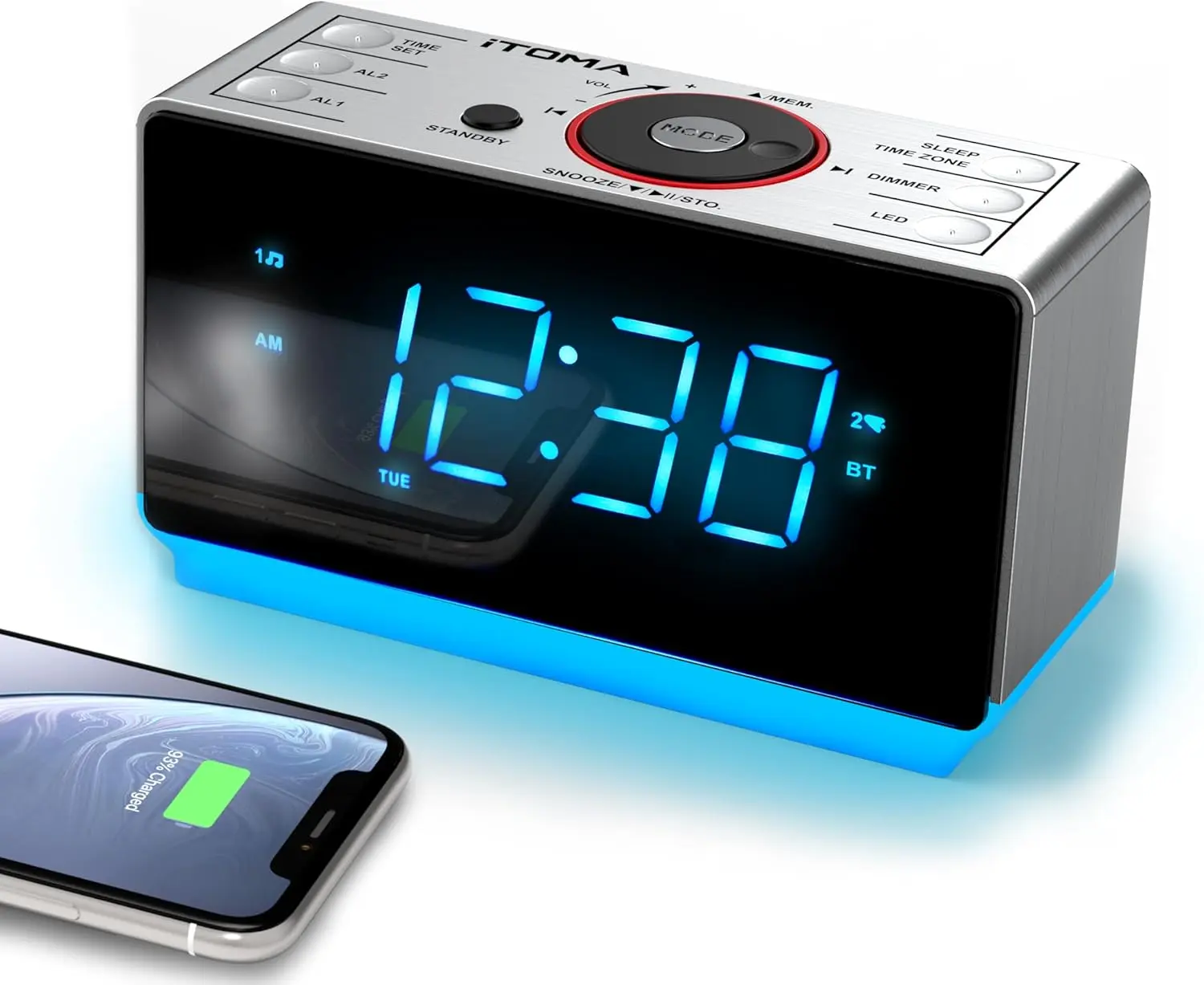 Clock Radio with  Speaker, FM Radio, Dual  with Snooze, Large LED Display, Dimmer Control, USB  Output and Night Light CKS708