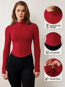QUEENIEKE Women's Cropped Workout Jackets - Zip Up Long Sleeves Athletic Yoga Slim Fit BBL Running Jacket with Thumb Holes Outerwear Technical Sports Activewear Set