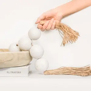 Extra Large Wood Bead Garland with 2" Diameter Wooden Beads with Tassels Decorative Beads for Farmhouse Decor Rustic White 32 Inches