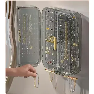 PrimPick Wall Mounted Jewelry Organizer -No Punching Foldable 4-Compartment Earring Holder for Necklaces, Rings, Bracelets | Jewelry Storage Cabinet for Women & Girls