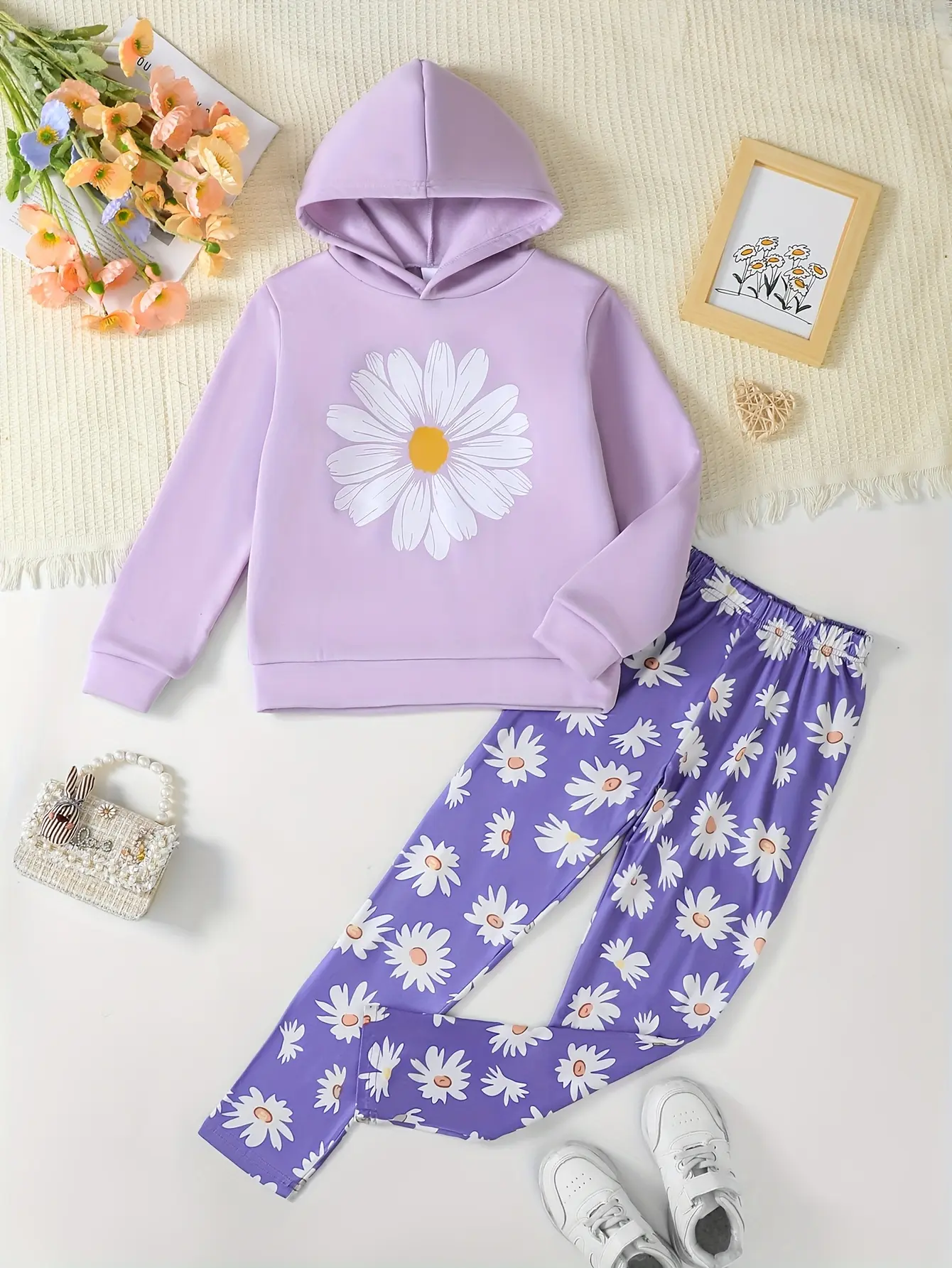 Ready Stock Kid Girls Outfits 8Y,9Y,10Y,11Y,12Y Girls Pants Set Daisy Print Long Sleeve Pullover Hoodies+Full Print Leggings 2Pcs Clothes Purple 42505043