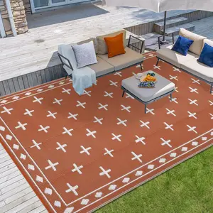 Large 9x18 Outdoor Area Rug, Waterproof Plastic Straw Mat with Framed Geometric Design for RV Awning, Patio, Deck, Garden, Camping, Beach and Backyard,Terracotta Orange
