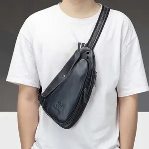 Men's Casual Crossbody Bag, Chest Backpack with Earphone Hole, Leather Travel Bag for Music Lovers, Multi-Layer Organizer for Daily Use