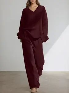Women's Loose Fit Knit Home Set, Lady Two-Piece Matching with Wide Leg Pants and Casual Top, Fashionable Soft Daily Wear