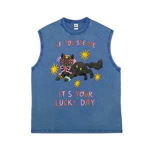 Men's Sleeveless Pure Cotton Fabric Retro Vintage Washed Distressed Soft Loose Breathable Graphic Artwork Vest, Casual Streetwear Tank Top - "If You See Me It's Your Lucky Day"