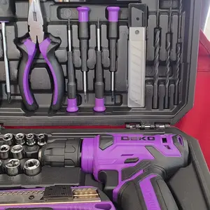 DEKOPRO 126-Piece Pink Household Tool Set with 8V Cordless Drill, Rechargeable Battery, All-in-One Compact Tools kit, Perfect Christmas Gift, Ideal for Home Repairs & DIY Projects