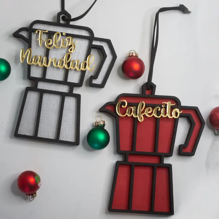 Hand-Painted Cafecito Feliz Navidad Christmas Ornament - Spanish Coffee Pot Holiday Decor