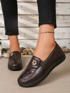 Women's Leather Slip-On Loafers | Comfortable Non-Slip Walking Shoes | Floral Detail Casual Flats for Elderly
