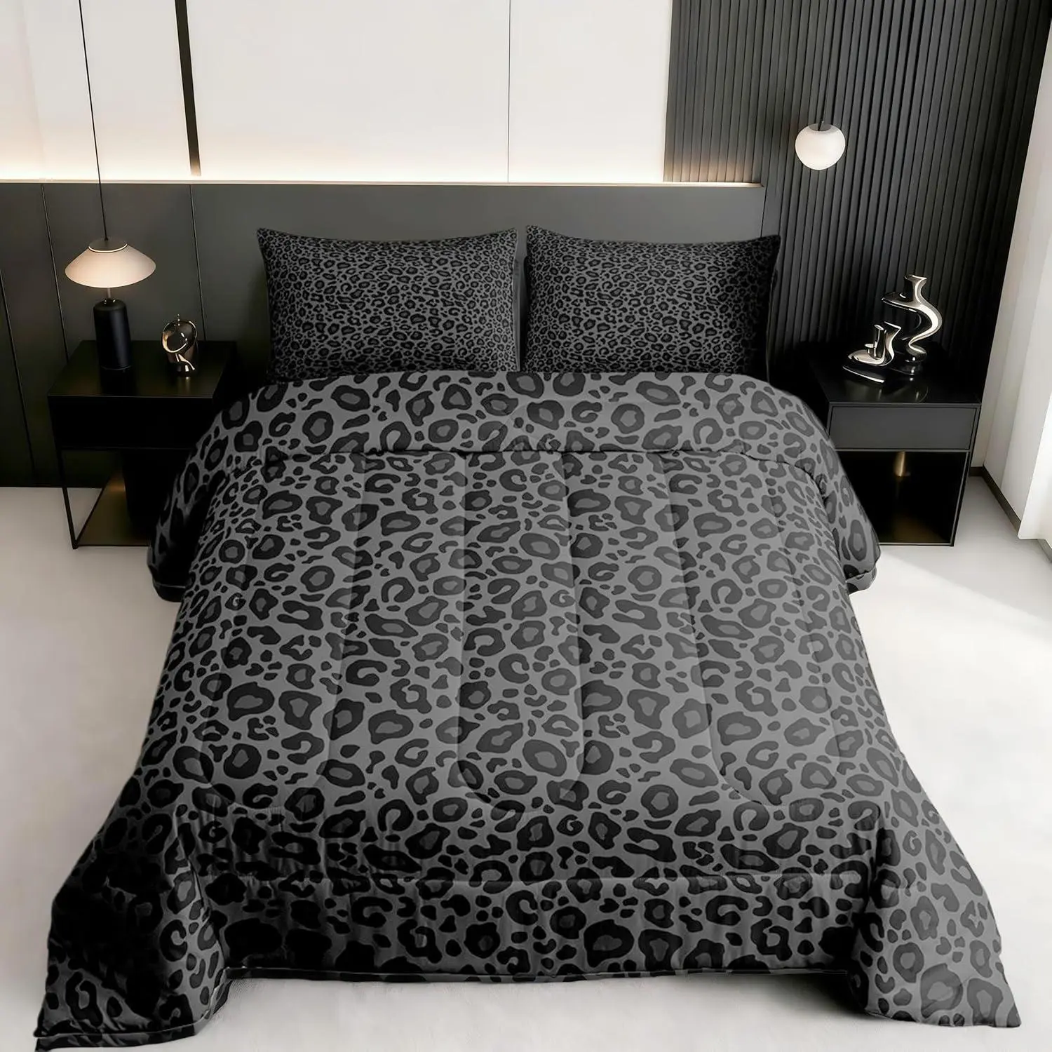 Feelyou Gray Black Leopard Print Polyester Queen Bed Comforter Set - Microfiber Bedding Sets, All Seasons, Machine Washable, Modern Bedroom Decor, Multi-Size Travel-Ready Accessory