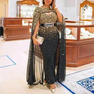 Women's Clothing Gold Sequin Sexy Cape Large Swing Dress Gown Formal Long Sleeve