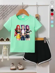 Summer Girls Casual Sports Short Sleeve Shorts Set, Cartoon Print, Loose Fit, Breathable, Comfortable, Suitable for 2-7 Years, Outfit, Casual Fashion Set