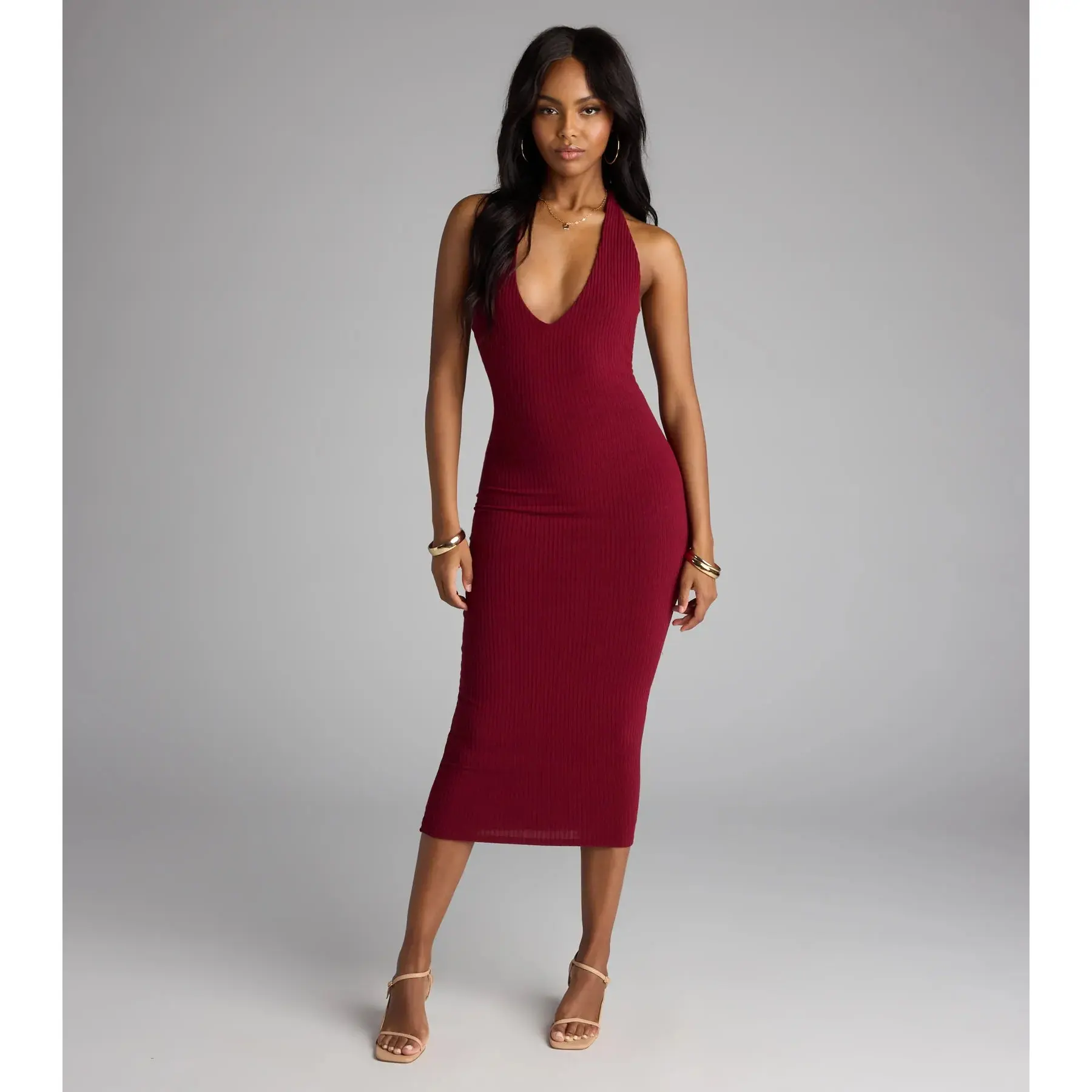 rib-knit halter midi dress AiiRZ Ribbed Knit Halter Neck Midi Dress Modern Summer Sleeveless Bodycon Vacation Beach Resort Wear Stretch Evening Party HolidayMISSGUIDED
