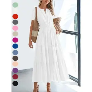 2026 Summer Women's Casual Long Dress 2026 Lightweight Short Sleeve V-neck Bohemian Style Pocket Dress for Women # Outdoor FunRAIMENTRY