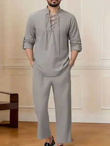 Men's loose and comfortable linen suit, lightweight and breathable Cuban long-sleeved shirt and drawstring linen Trouser pants. This casual style is suitable for daily leisure, beach vacations and travel gifts. Clothes