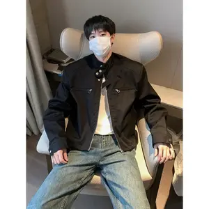 Vintage High-end Metal Zipper Jacket Cropped Stand Collar For Men Trendy American Style Niche Feel