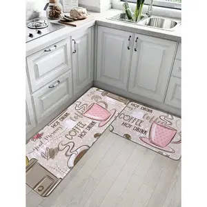 1/2pcs Pink Coffee Cup Printed Kitchen Mat, Soft Plush Rectangular Non-Slip Absorbent Rug For Kitchen, Dining Room, Living Room