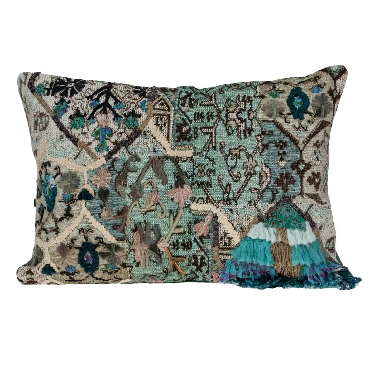HomeRoots 476162 Home Decorative Cushion - Rectangular 100% Cotton Throw Pillow, 6" H x 14" W x 20" D, Beige & Green Fringed Design, Removable Zippered Cover