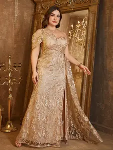 Women's V-Neck Embroidered Maxi Dress, Random Cut Large Size Party Gown, One Shoulder Sleeve Design, Elegant Evening Wear