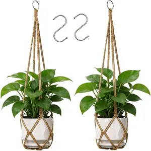 Macrame  Hanger Indoor Set of 2 with 2 S Hooks, Indoor Outdoor  Planter for  Holder with Decorative No Tassels, Boho  Decor, 35 Inch, Brown (Pots Not Included)