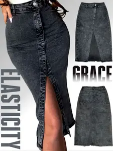 Designer Style Women's Denim French Elegance Fitted Midi Skirt, High Stretch Layered Design, Casual & Formal Wear, Spring Summer Fall Winter, Fashion