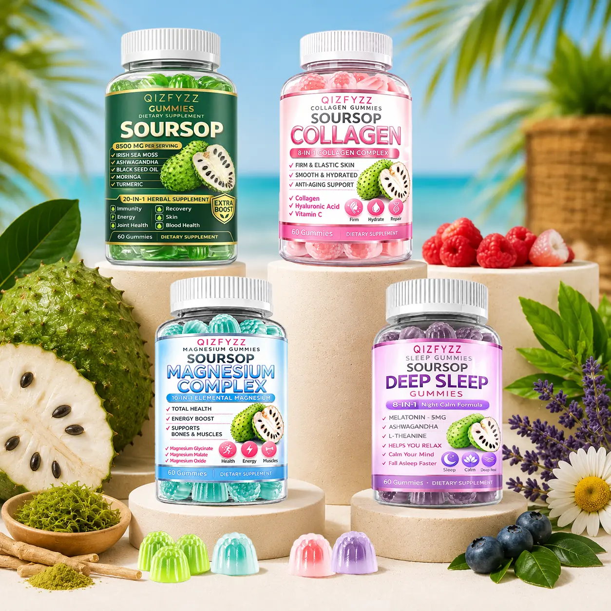 Soursop 4-in-1 Wellness Gummies Bundle - Collagen, Magnesium, Sleep & Herbal Formula for Immunity, Energy, Skin, Relaxation & Joint Support