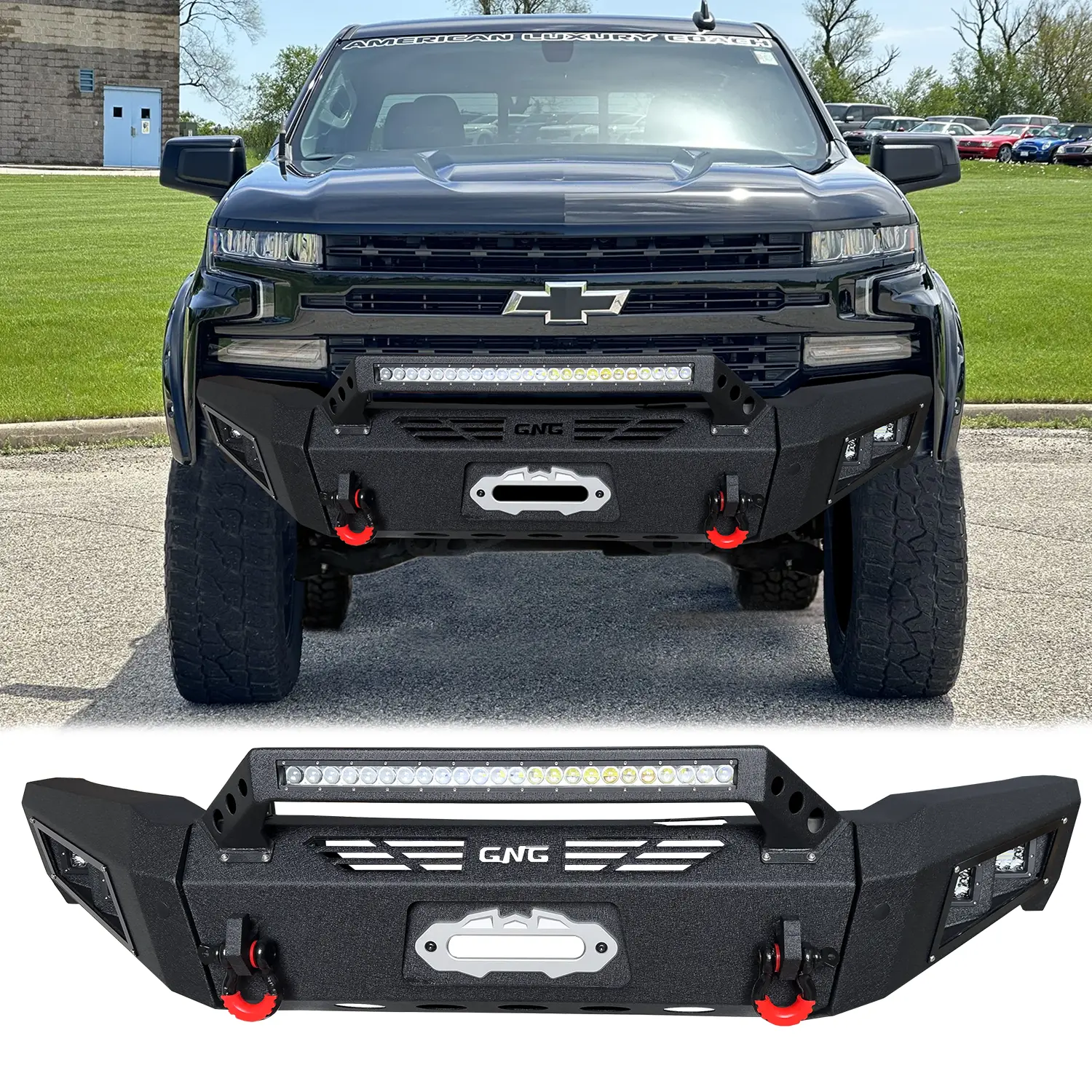 Vijay Steel Black Texture Front Bumper - Custom Fit for 2019-2021 Chevy Silverado 1500 (Excl. 2019 LD) Truck, with Metal Winch Plate, 2 D-Rings, LED Lights, Performance Boost, Easy Screw Kit Install, Off-Roading Compatibility, Enhanced Visibility & Safety