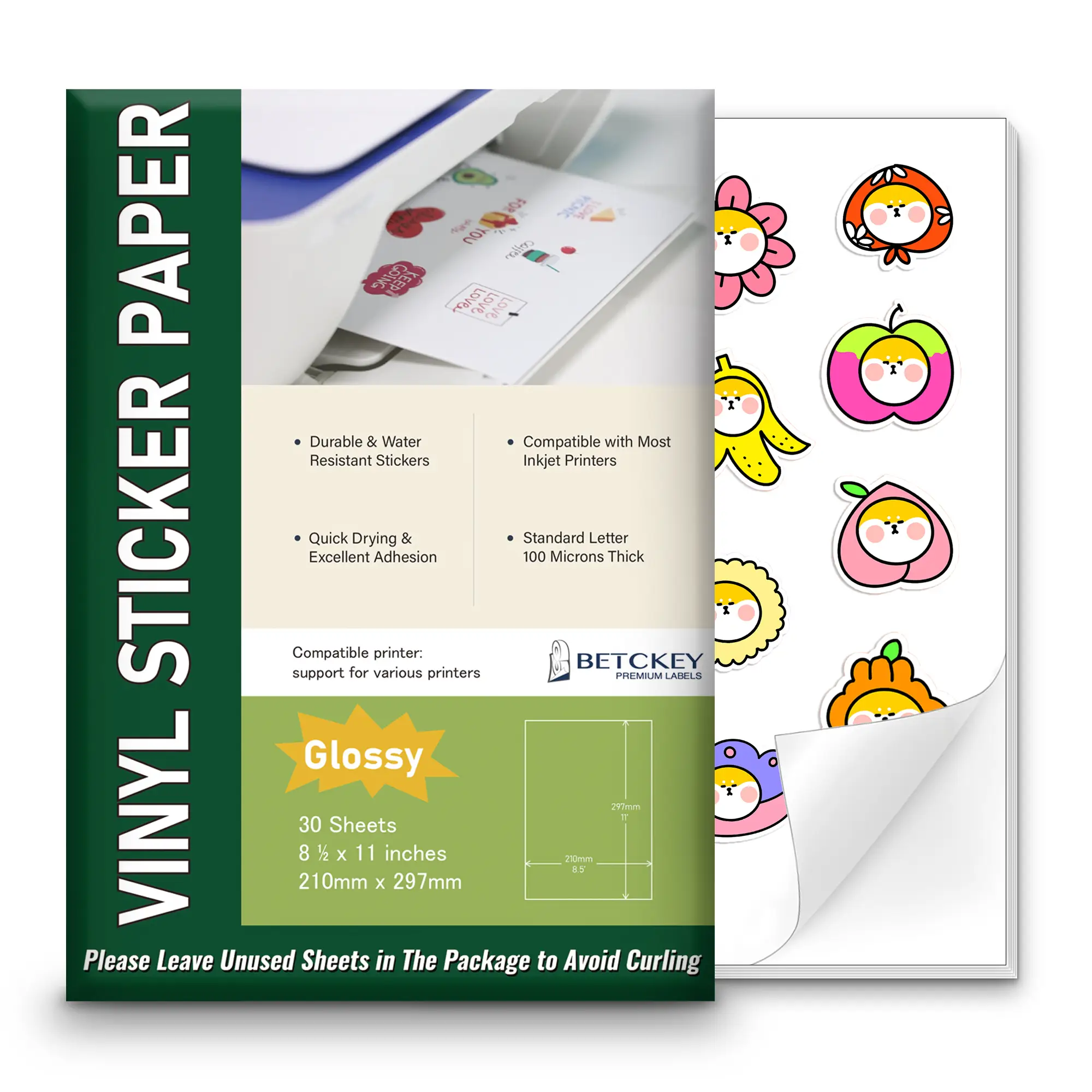 Glossy Printable Vinyl Sticker Paper for Inkjet & Laser Printer - 30 Sheets - 8.5" x 11" - Waterproof, Dries Quickly Vivid Colors