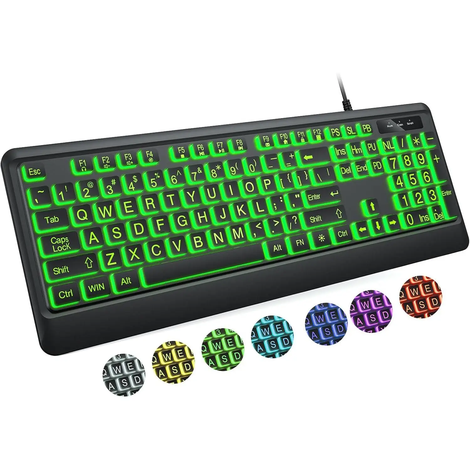 Large Print Keyboard - 7 Interchangeable Backlight Colors, Light Up USB Wired Computer Keyboards, USB Plug-and-Play, Foldable Stands, Corded Full Size Keyboard for Windows, PC, Laptop