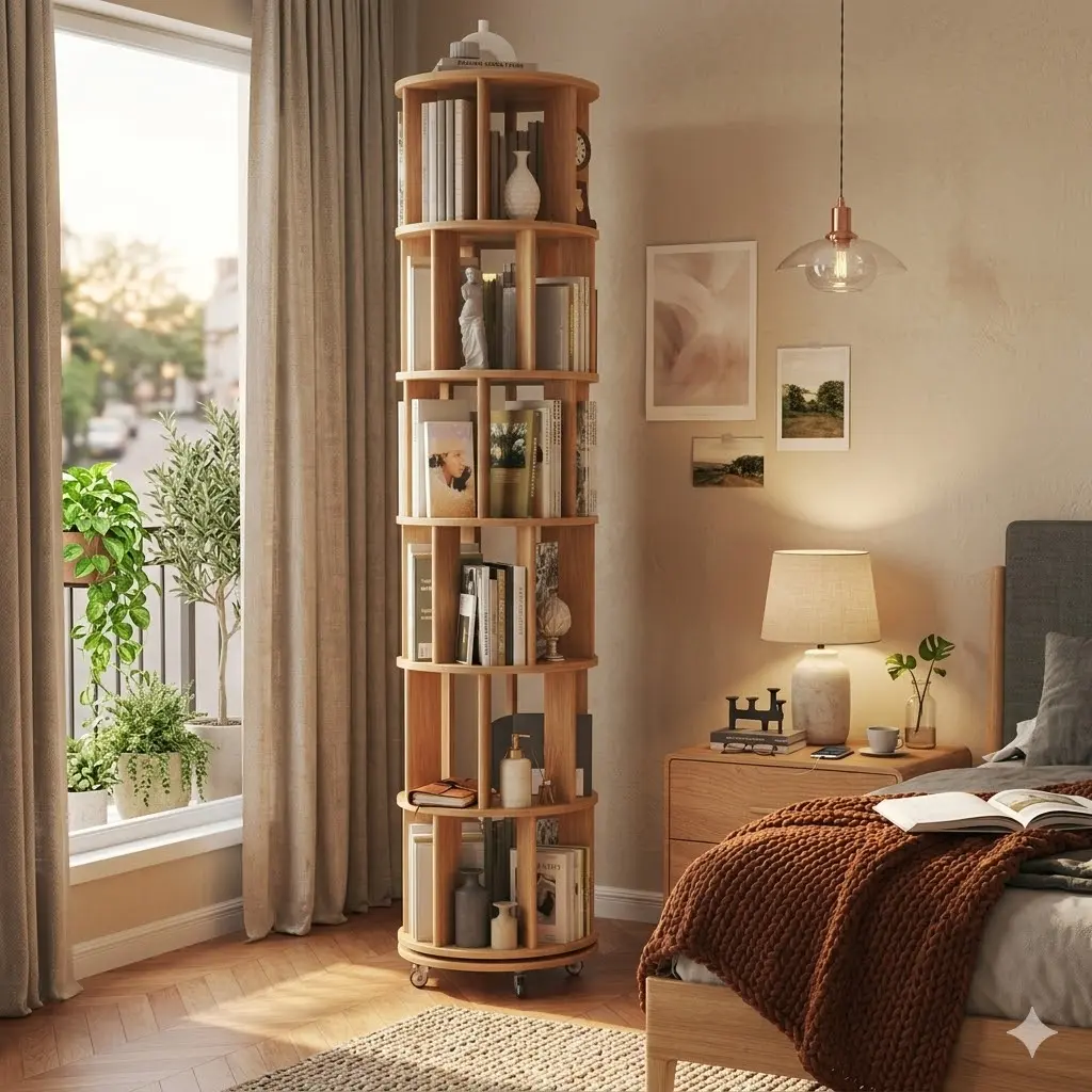 Solid Wood Rotating Bookshelf, 6-Tier 360° Spinning Round Bookcase on Wheels, Narrow Rolling Bookshelf Tower for Kids, Bedroom, Office, Small Space
