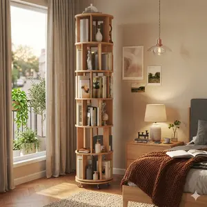 Solid Wood Rotating Bookshelf, 6-Tier 360° Spinning Round Bookcase on Wheels, Narrow Rolling Bookshelf Tower for Kids, Bedroom, Office, Small Space