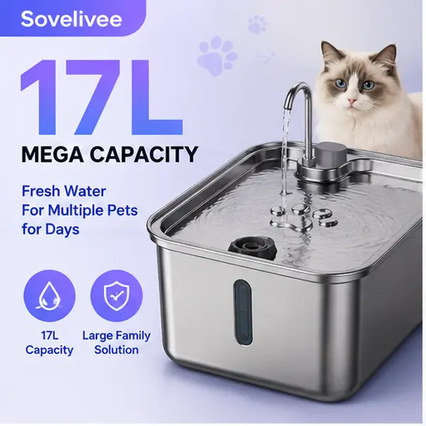 Sovelivee 17L Stainless Steel Pet Water Fountain for Cats & Dogs | Automatic Cat Water Fountain, Large Capacity Water Dispenser for Multiple Pets, Ultra Quiet
