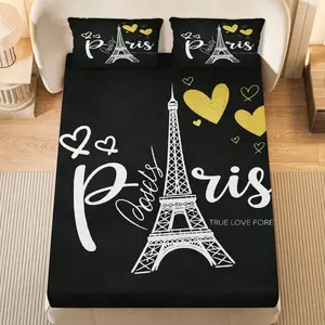 3Pcs Paris Eiffel Heart Fitted sheet Three Piece Set (1*Fitted Sheet+2*Pillowcases, Coreless), Romance theme, Eiffel Tower Bedding Set, Mattress protector Soft, Breathable
