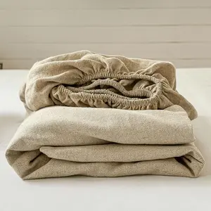 100% Fitted Sheet Queen Size(1 Piece), 15" Deep Mattress Cover, Stone Washed Natural French Flax Bottom Sheet (Natural, Queen)