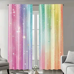 2 Pieces, Rainbow Star Printed Curtains - Sparkling stars and gradual change of color design, translucent, suitable for bedroom, office, kitchen, living room, coffee shop, holiday home home decoration, window treatment, room decoration