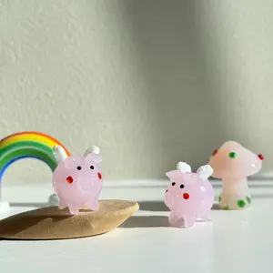 Handmade Blown Glass flying Pig Figurine: Miniature pink flying pig Animal Decor