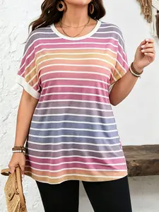 Women's Fashion Plus Size Elegant Striped Print Round Neck, Loose Knit Vacation Casual Daily Wear Short Sleeve Top, Versatile Summer Shirt