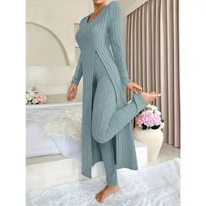 Round Neck Split Long Sleeve Top and Pants Two-Piece Set with Plaid Spring/Autumn Style Fit Matching