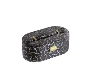 Blovely Well 9.5" Long Leather Jewelry Organizer Case with Mirror, Gold Swirl Pattern, Black