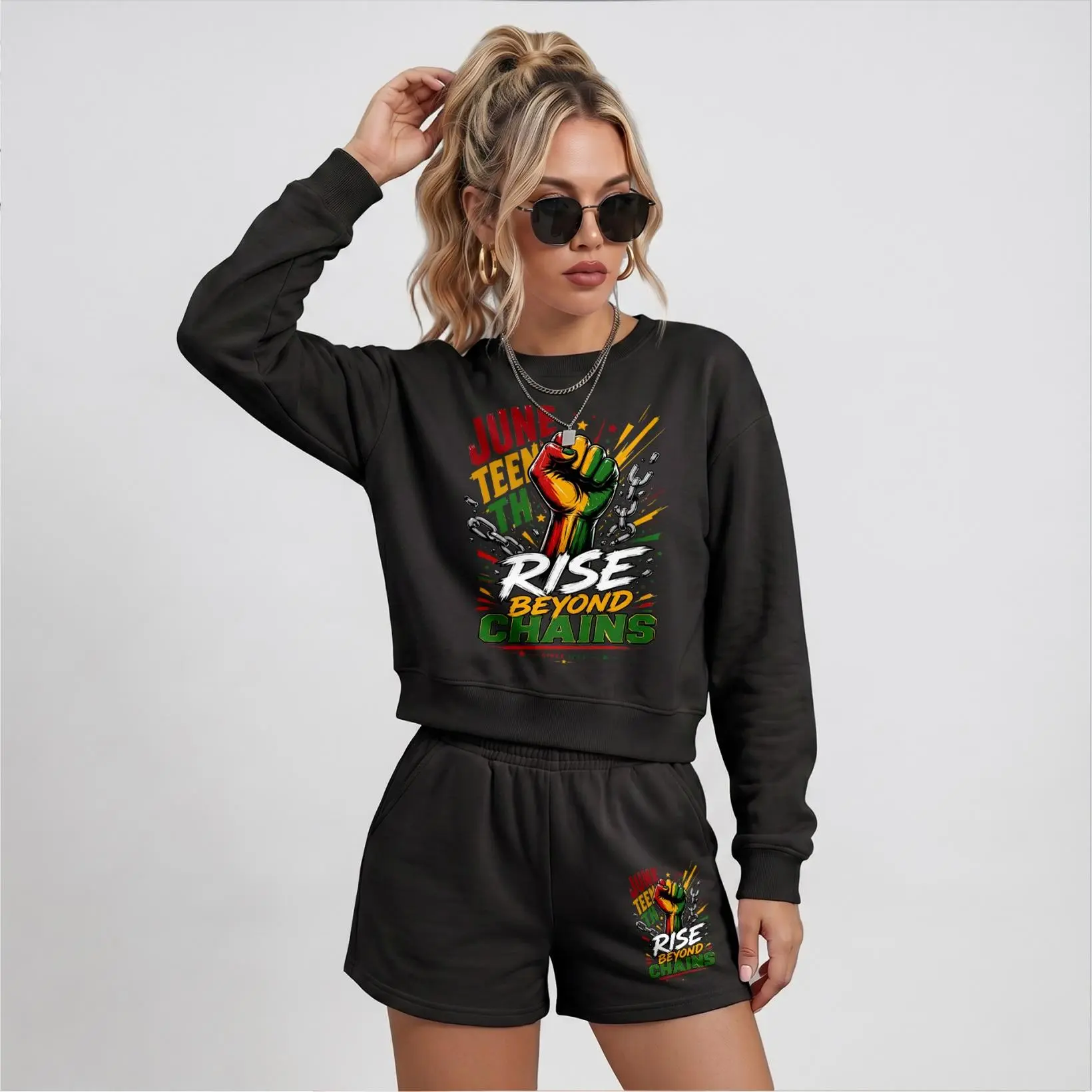 Women’s Freedom Statement Graphic Crewneck Short Sleeve Sweatshirt & Shorts Set, Comfy Lounge Streetwear Two Piece Outfit With Built-In Drawstring Shorts