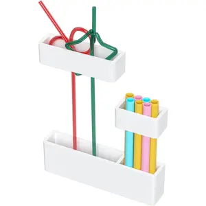 Acrylic Straw Organizer for Cabinet Door - 5.8'' White Adjustable 3-Part Reusable Drinking Straw Holder Dispenser Kitchen Accessories Container Cupboard Door Mounted