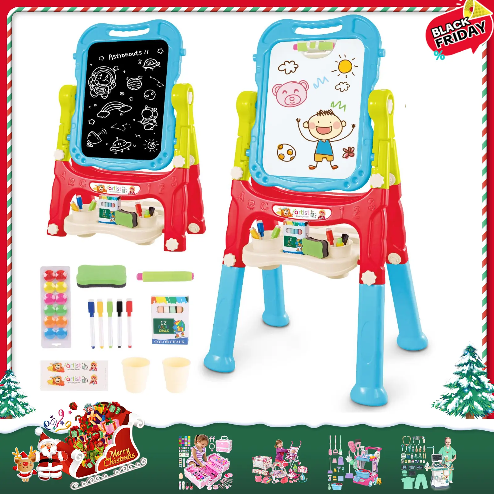 deAO Art Easel Toys, 4-in-1 Double Magnetic Drawing Board Adjustable Standing Rotatable Sidewalk Chalk with Painting Writing Accessories, Easel Toys