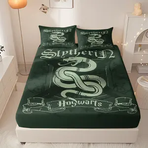 Slytherin snakeskin Hogwarts-inspired blackout fitted sheet three-piece set, soft and comfortable, suitable for bedrooms and guest rooms, with deep pockets.