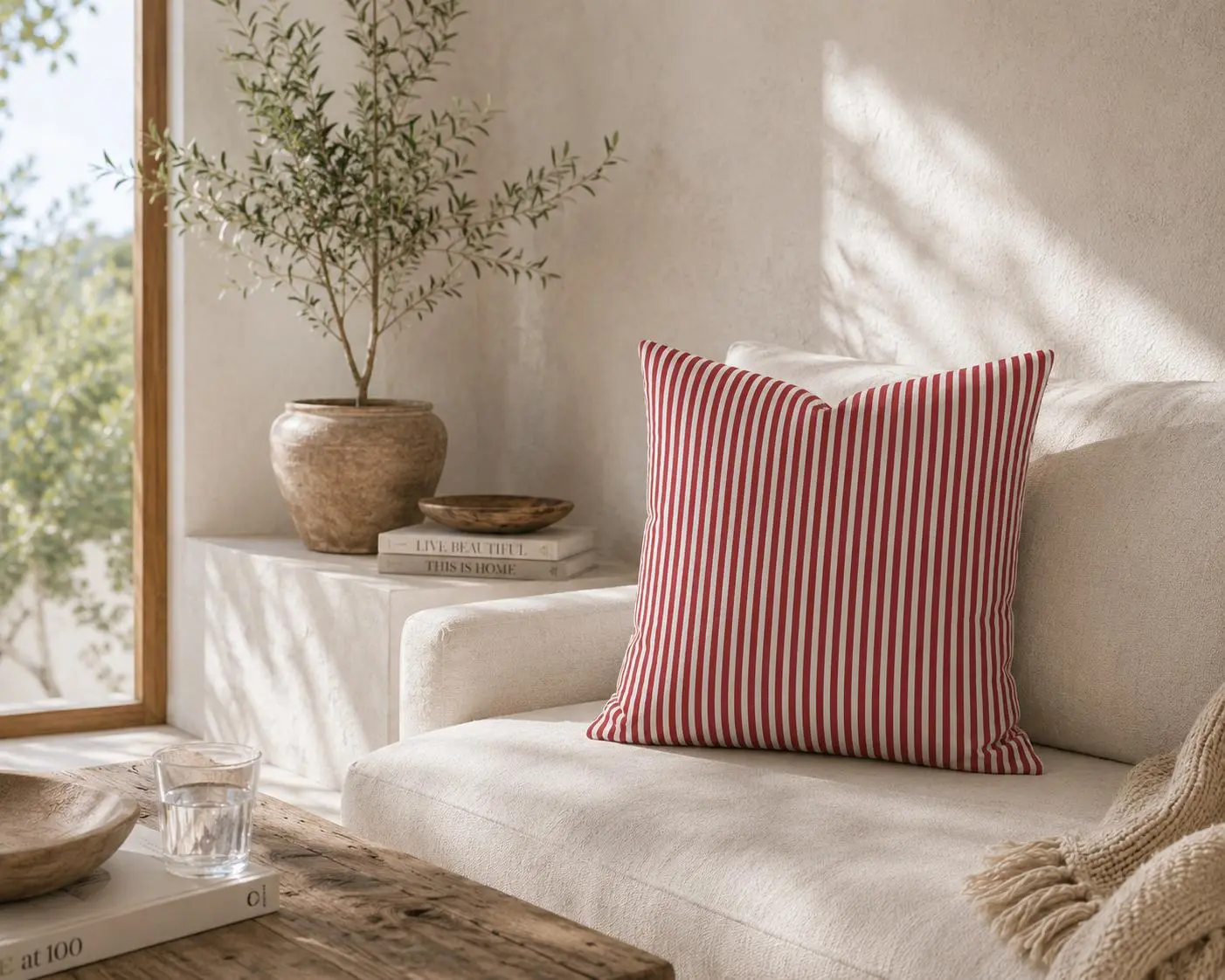 Outdoor Decorative Patio Decor Pillow - Red and White Classic Stripes Cabana Pattern, Waterproof, UV-Resistant, Sturdy, Resists Wrinkling, Sewn Seam Closure, Spun Polyester Filling Patio Cushion