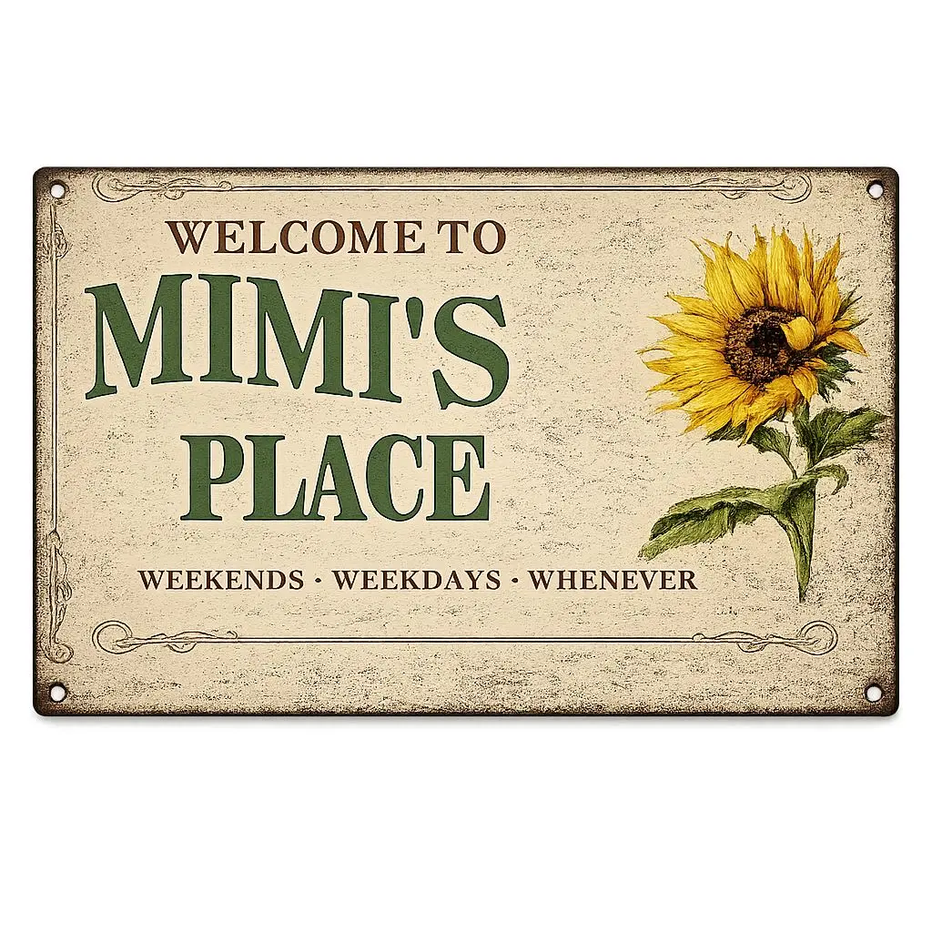 1PC 8x12in Retro Vintage Tin Sign - Welcome To Mimi's Place, High-Quality Lightweight Metal Plaque, Floral Wall Art, Smooth Safe Rounded Tips, Rustic Housewarming Gift, Home/Bar Wall Display Decor