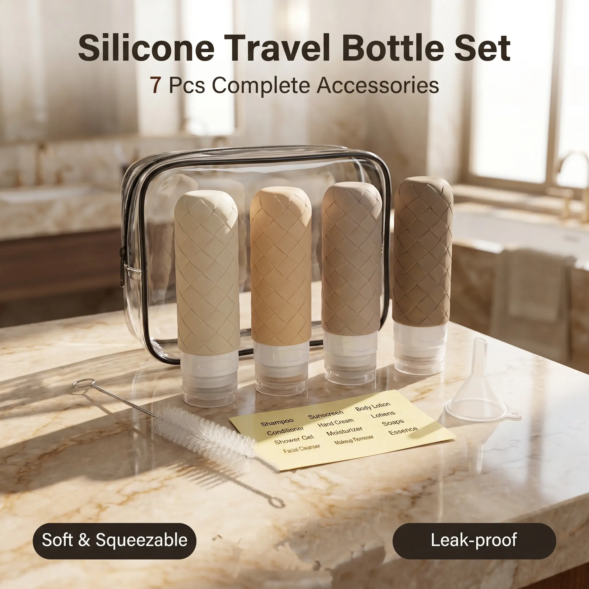 7Pcs Silicone Refillable Travel Bottles - Leak-Proof Portable Toiletry Containers Set for Shampoo, Conditioner, Lotion，