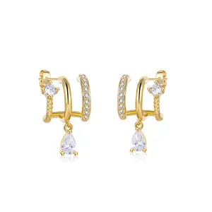 MINDEKA 925 Steling Silver Post Earrings for Women, Triple Huggie Hoop Earrings for One Hole,Trendy Simple Hypoallergenic Fashion Accessories 14K Gold Plated Jewelry