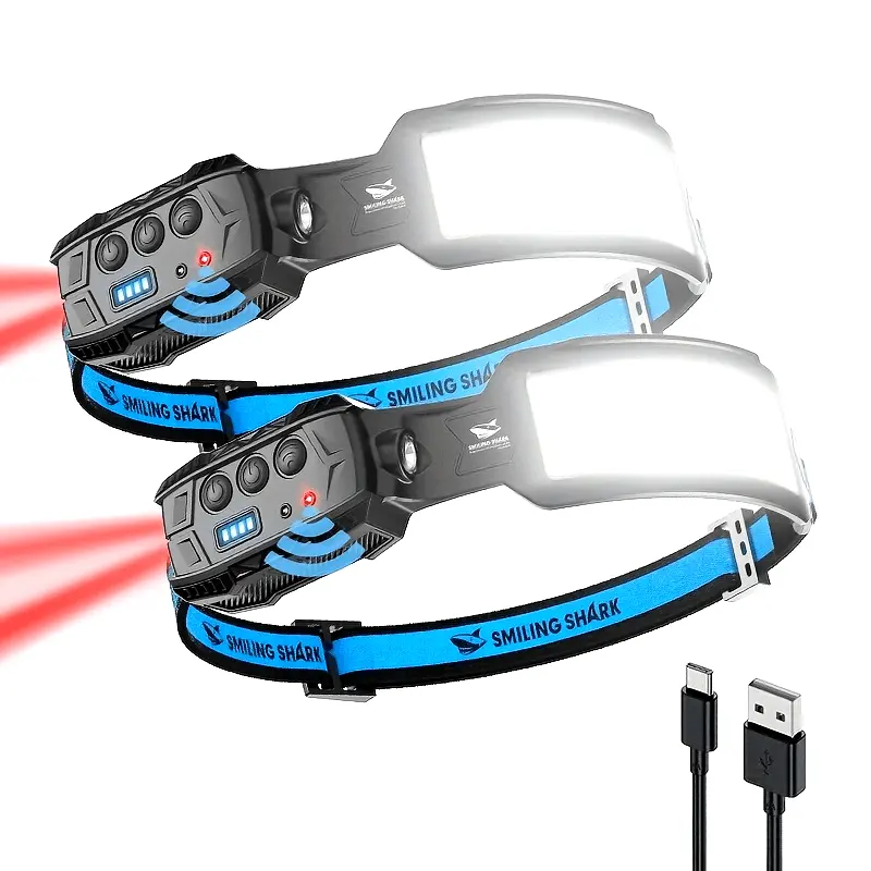 Smiling Shark Rechargeable LED Headlamp, 6 Modes, 7 White Lights, 270°   Lighting Width, Motion Sensor, Red Tail Light for Camping, Diving, Repairation
