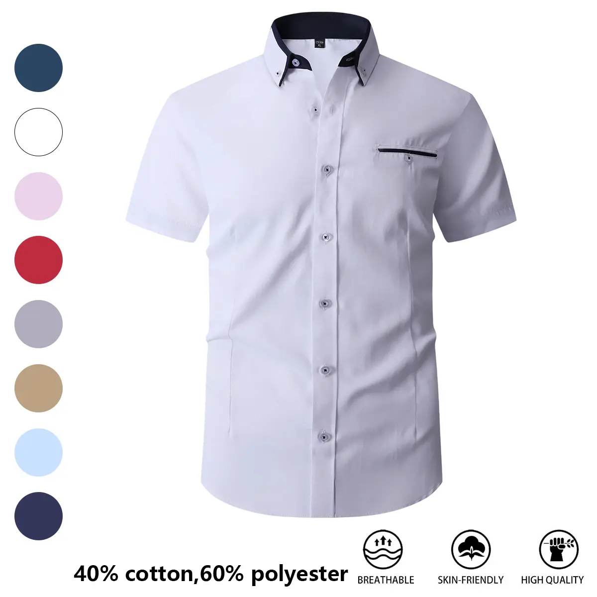 Summer short-sleeve regular shirt for men—business/professional work shirt with a turn-down collar, short sleeves, button front closure; business casual style; solid color with soft, smooth fabric; suitable for everyday summer outings and commuting.